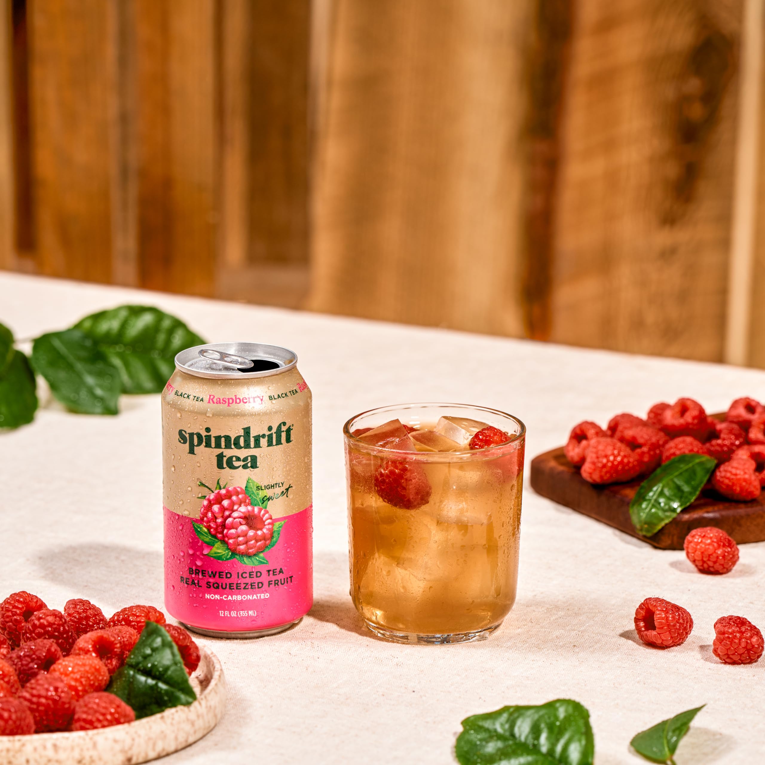 Back-of-can view of Spindrift Raspberry Black Tea packaging highlights 12-count pack.