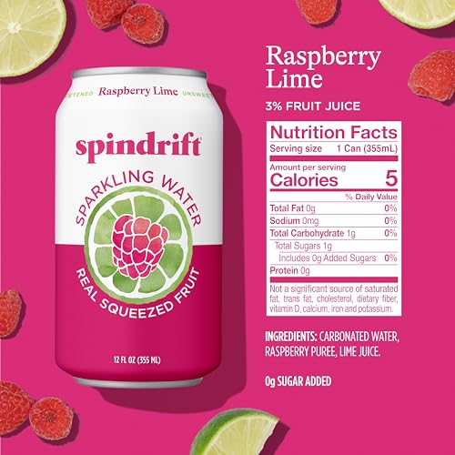 Spindrift Raspberry Lime can on ice showing a crisp, low-calorie sip