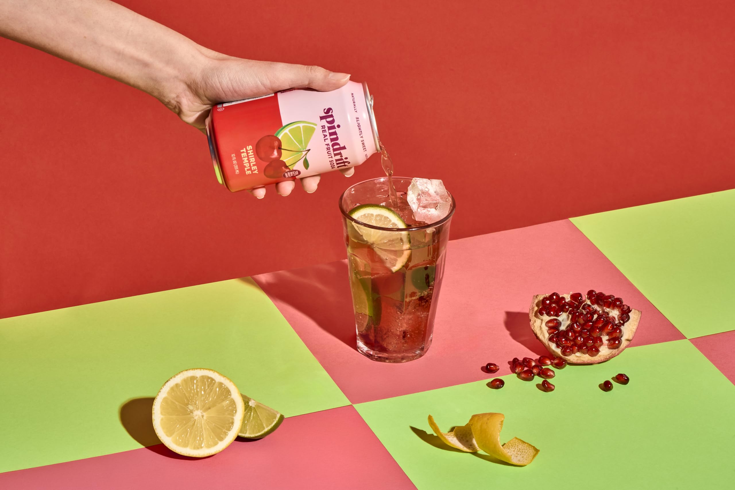 Spindrift Shirley Temple citrus burst image conveys refreshing, lightly carbonated sip.