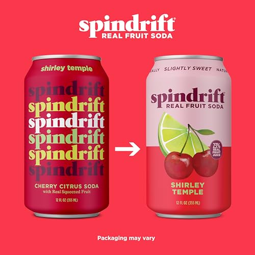 Spindrift Shirley Temple bottle close-up shows gluten-free and non-GMO certifications.