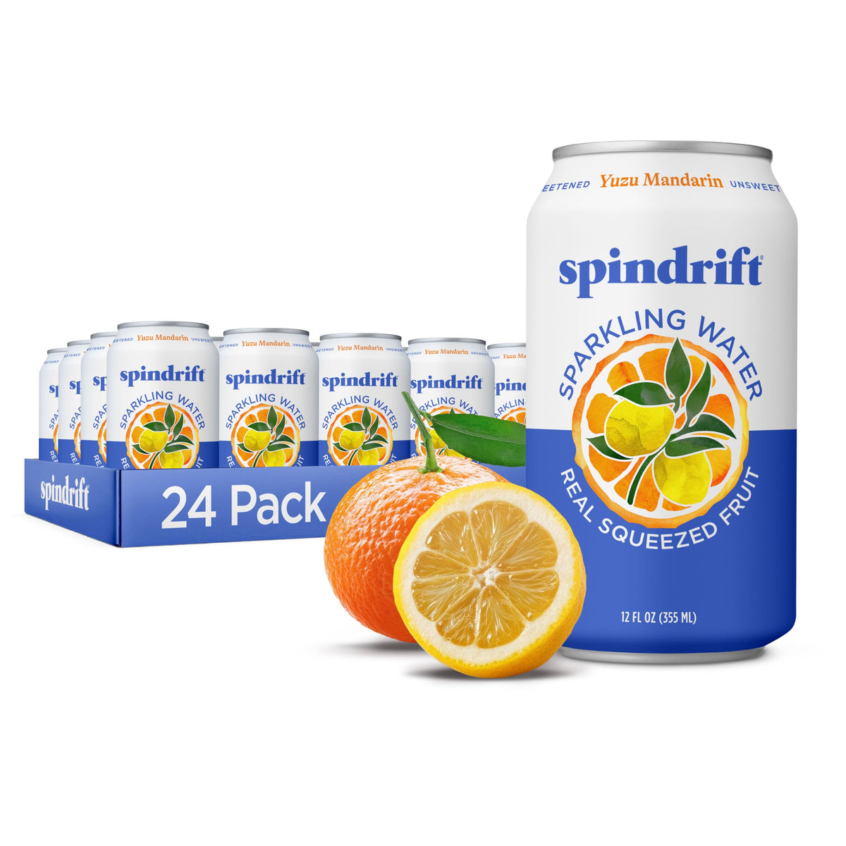 Spindrift Yuzu Mandarin cans close-up showing real fruit flavor and low calories.