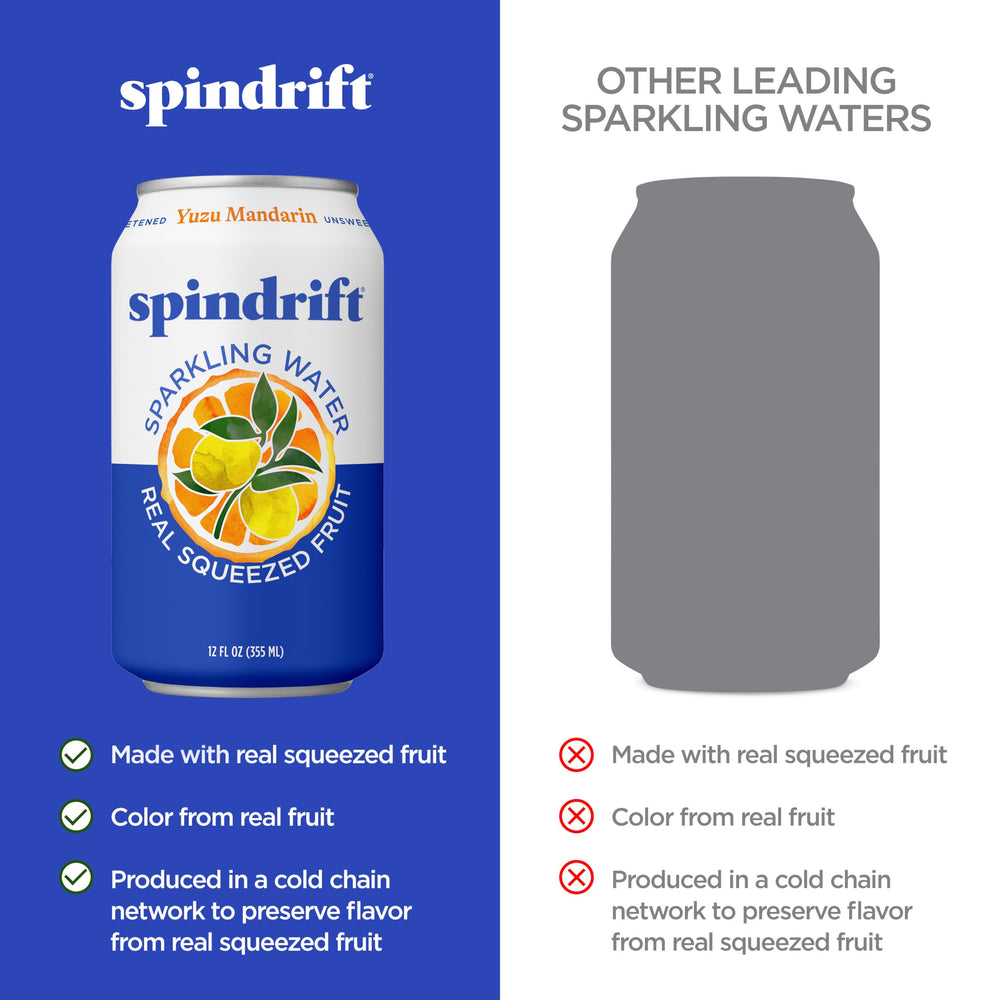 Spindrift Yuzu Mandarin label close-up emphasizes real juice and natural ingredients.