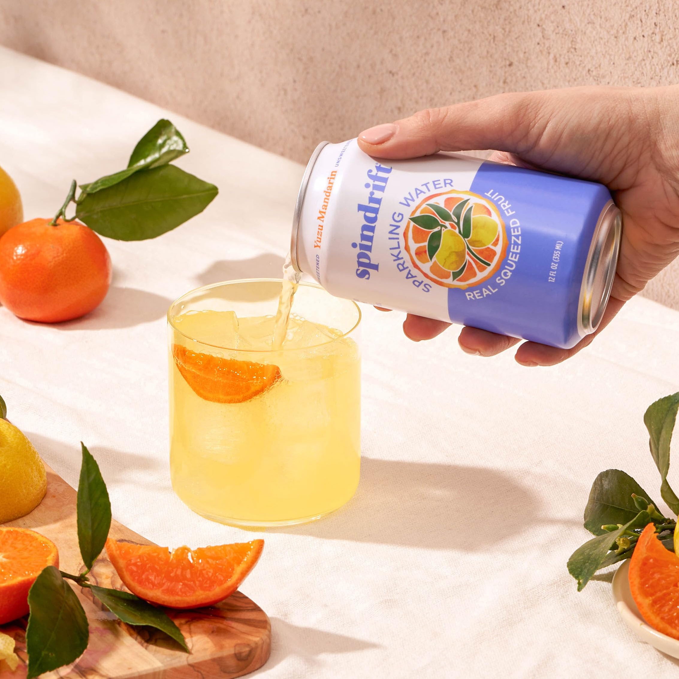 Spindrift Yuzu Mandarin label close-up showcasing real juice and quality ingredients.