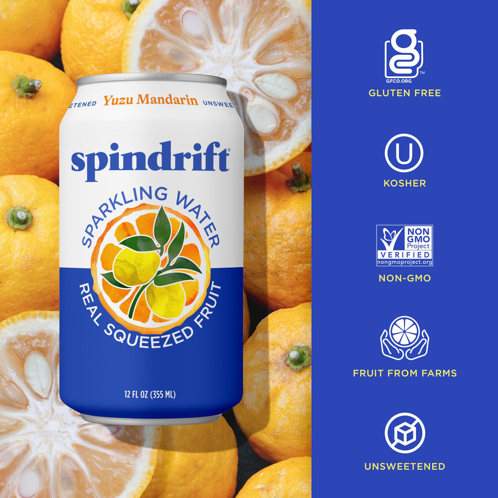 Spindrift Yuzu Mandarin 24-pack on shelf for convenient, unsweetened citrus refreshment.