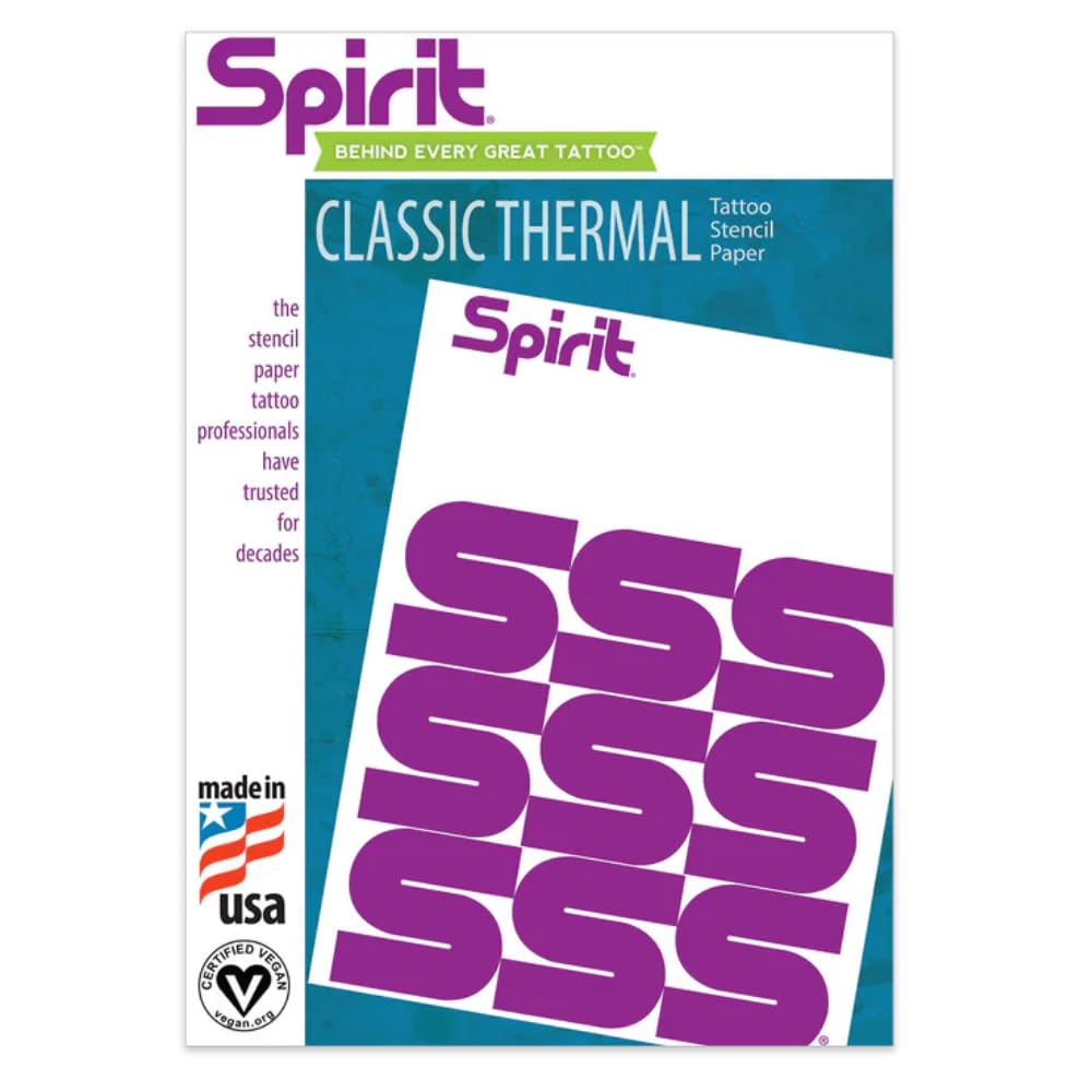 Spirit Classic thermal transfer paper, 8.5x11, reliable stencil creation for tattoos.