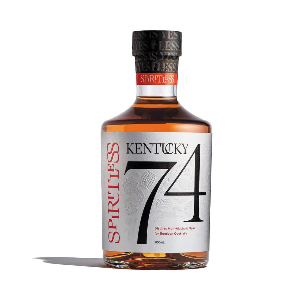 Spiritless Kentucky 74 bottle front view showcasing award-winning non-alcoholic bourbon for cocktails.