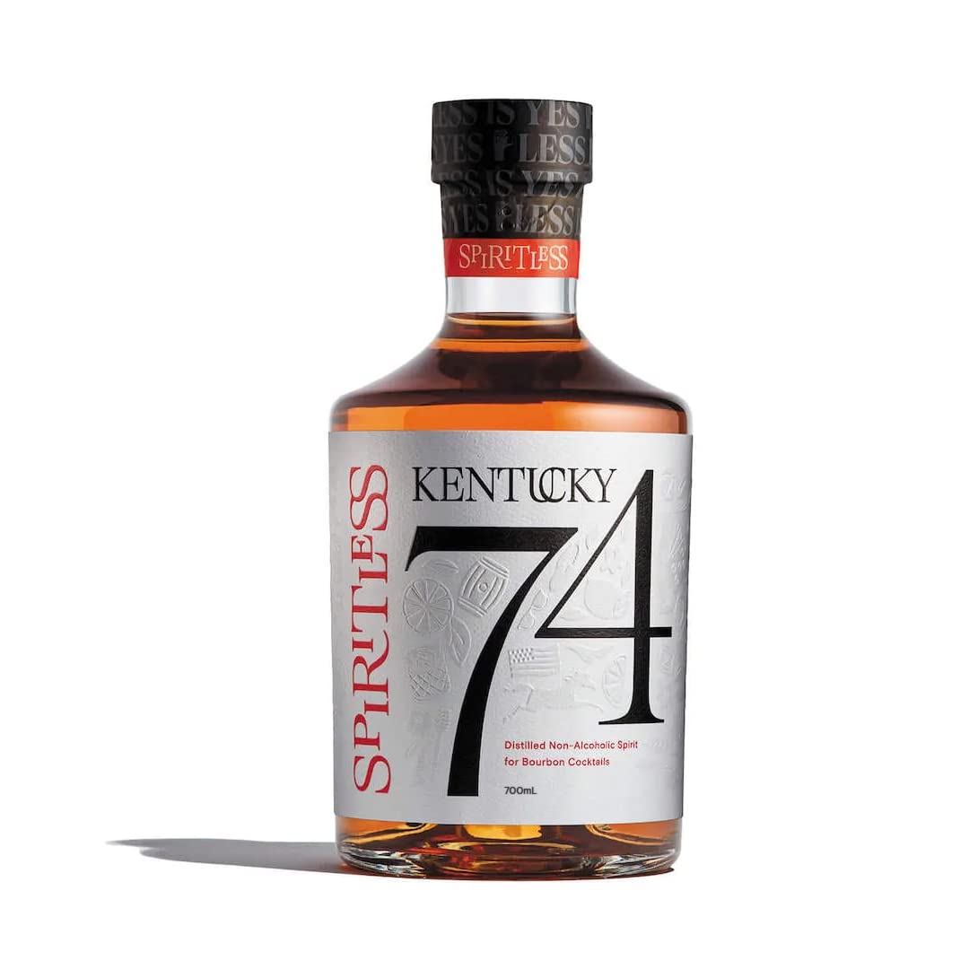 Spiritless Kentucky 74 bottle front view showcasing award-winning non-alcoholic bourbon for cocktails.