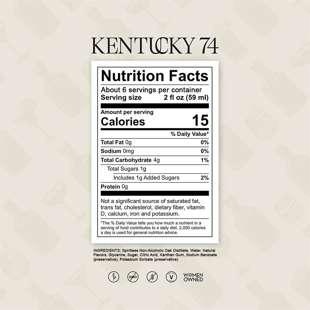 Spiritless Kentucky 74 bottle side view ideal for home bars seeking alcohol-free options.