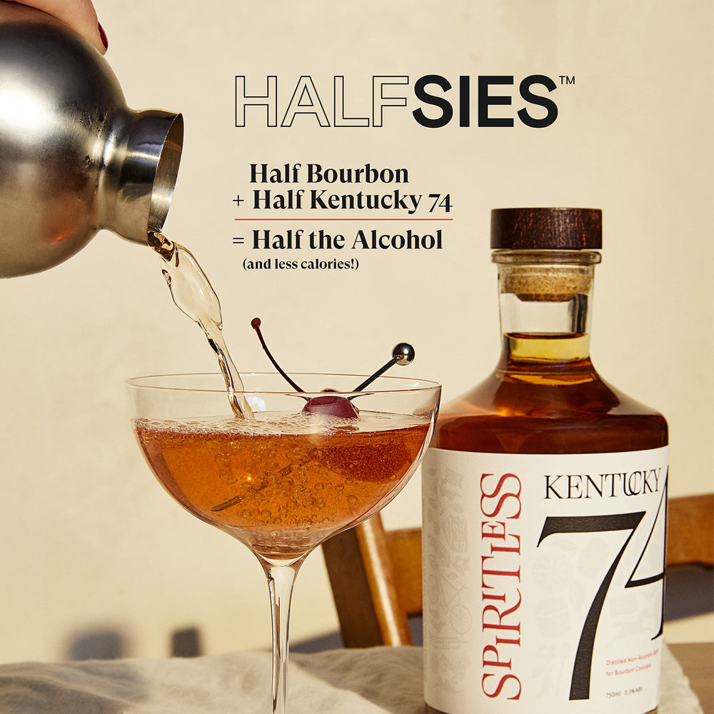 Spiritless Kentucky 74 label closeup highlighting caramel, vanilla, oak notes in this craft spirit.