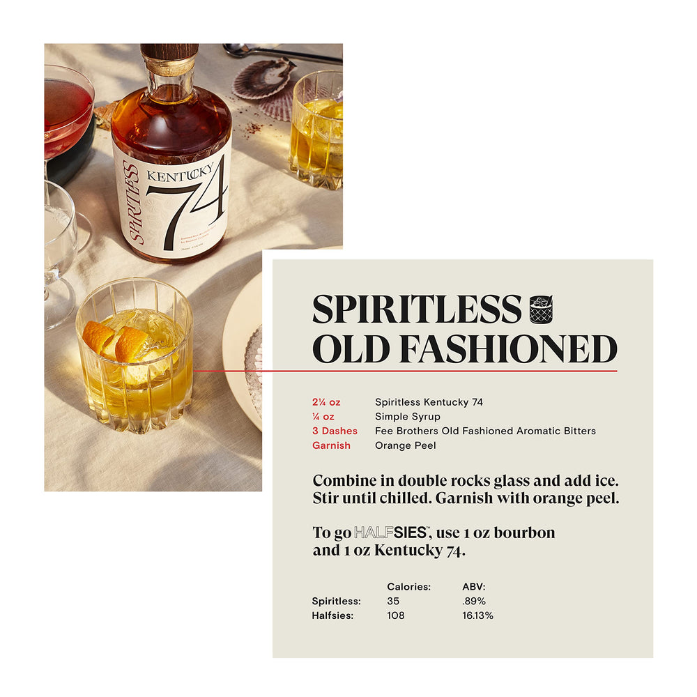 Spiritless Kentucky 74 Old Fashioned setup highlights mixable, flavorful non-alcoholic option.