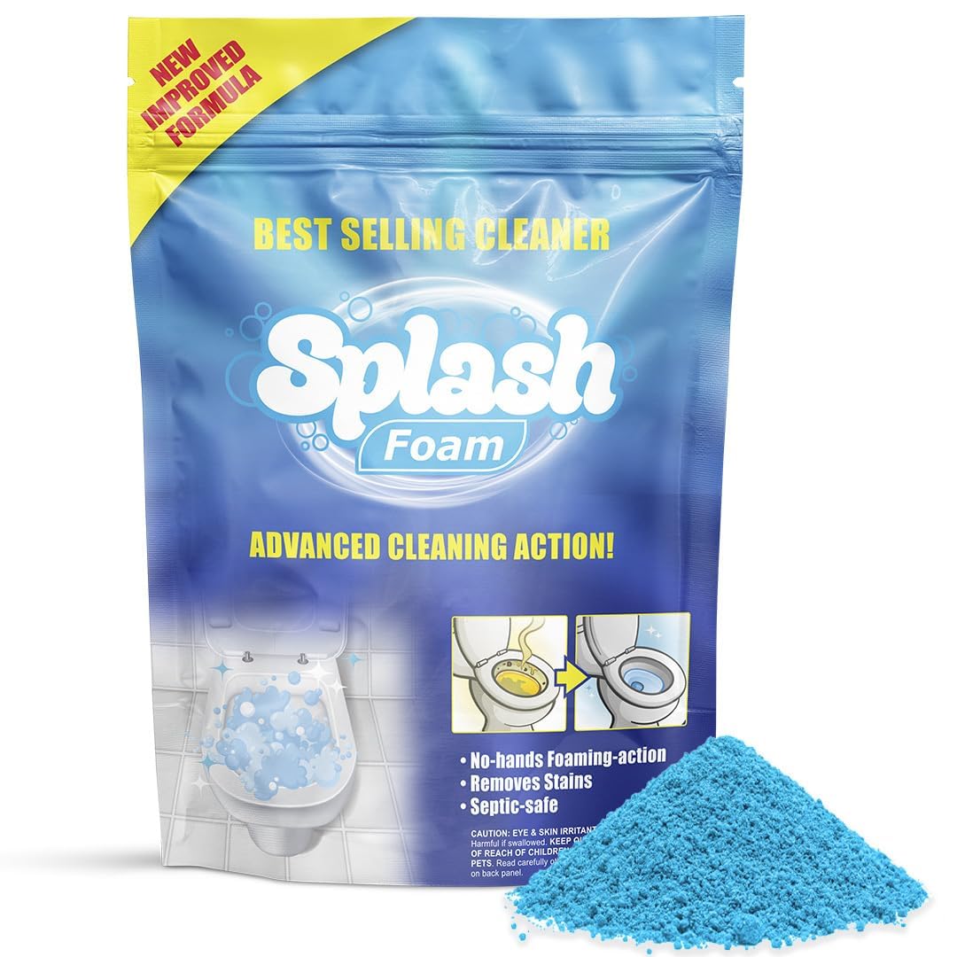 Splash Foam toilet cleaner demonstrates fast foam action with water for quick cleaning.