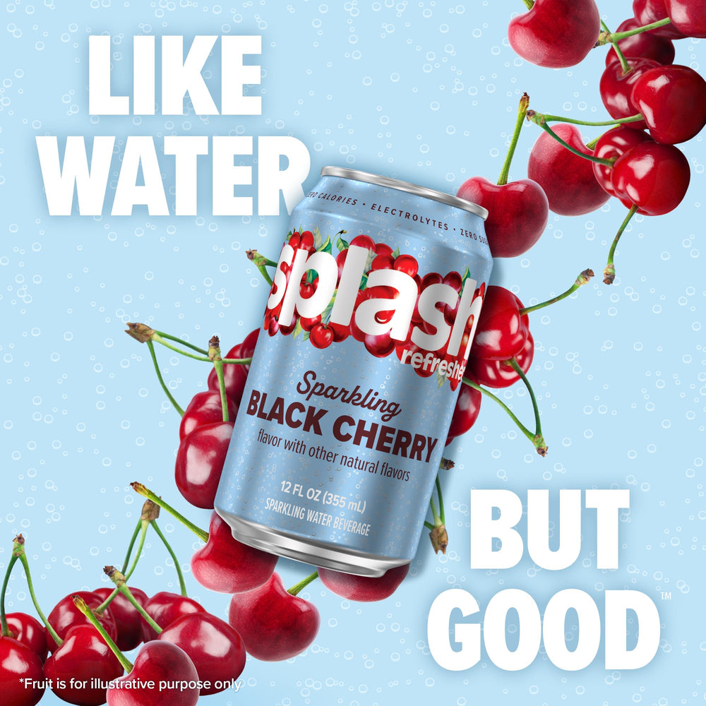 Chilled glass with Splash Refresher Black Cherry for a refreshing thirst-quencher.
