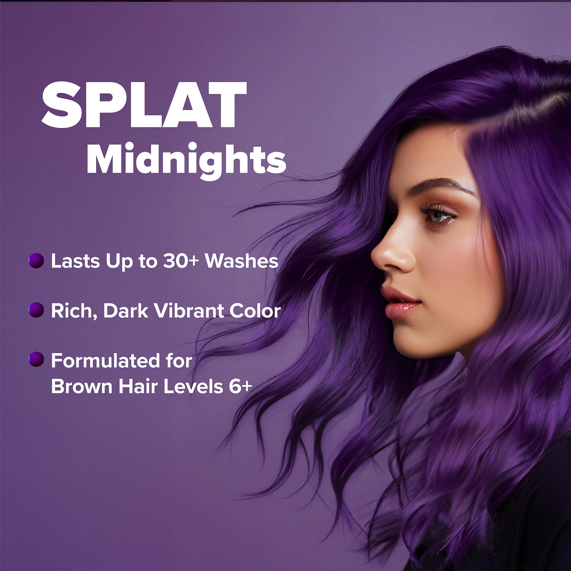 Splat Midnight Tanzanite finish on hair with a glassy, reflective tone.