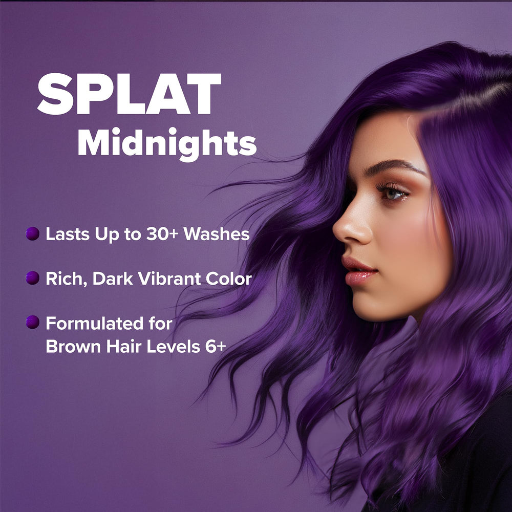 Splat Midnight Tanzanite finish on hair with a glassy, reflective tone.