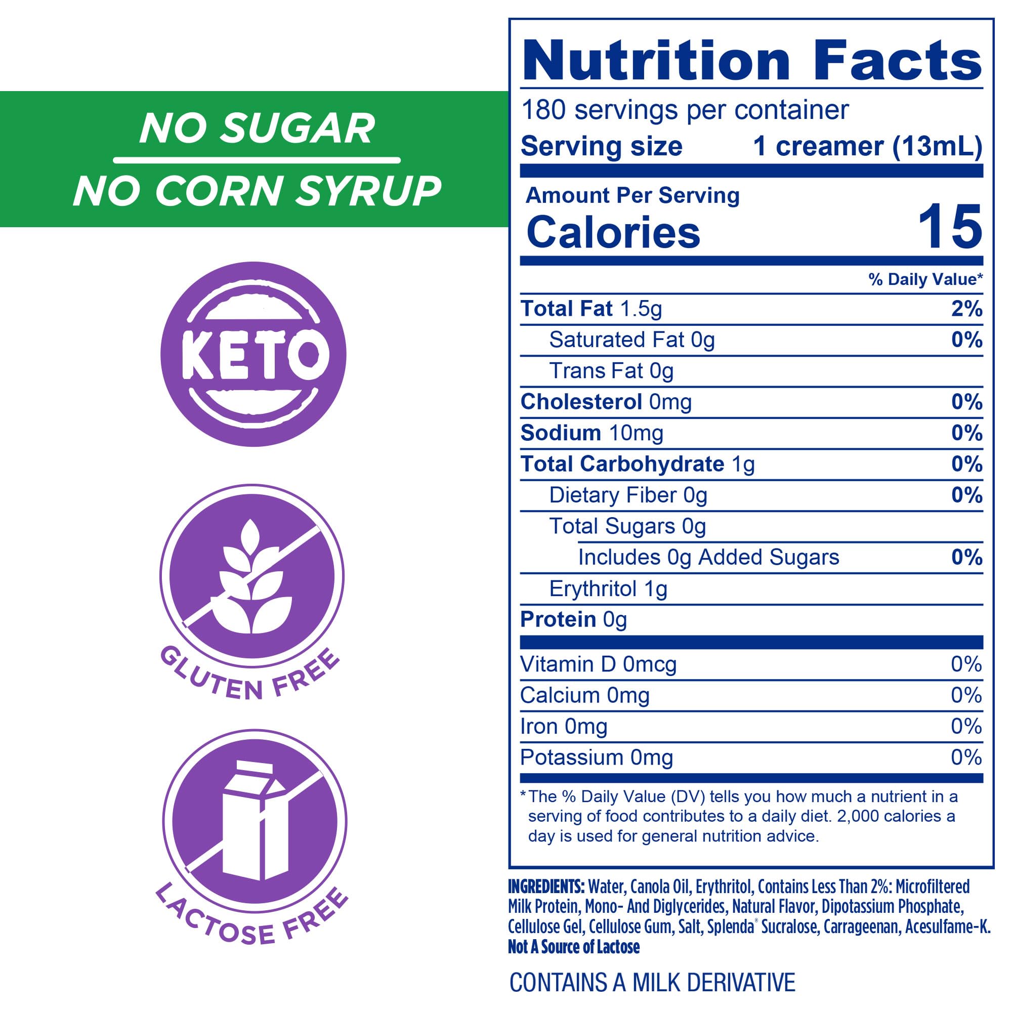 SPLENDA creamer cups on shelf showing gluten-free and lactose-free convenience