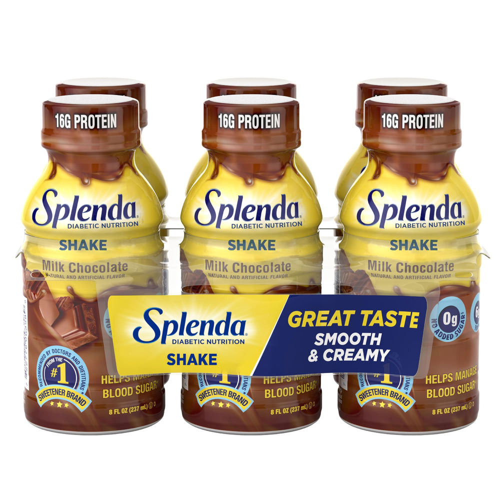 SPLENDA Diabetes Care Shakes Milk Chocolate bottle, protein-rich meal replacement option.