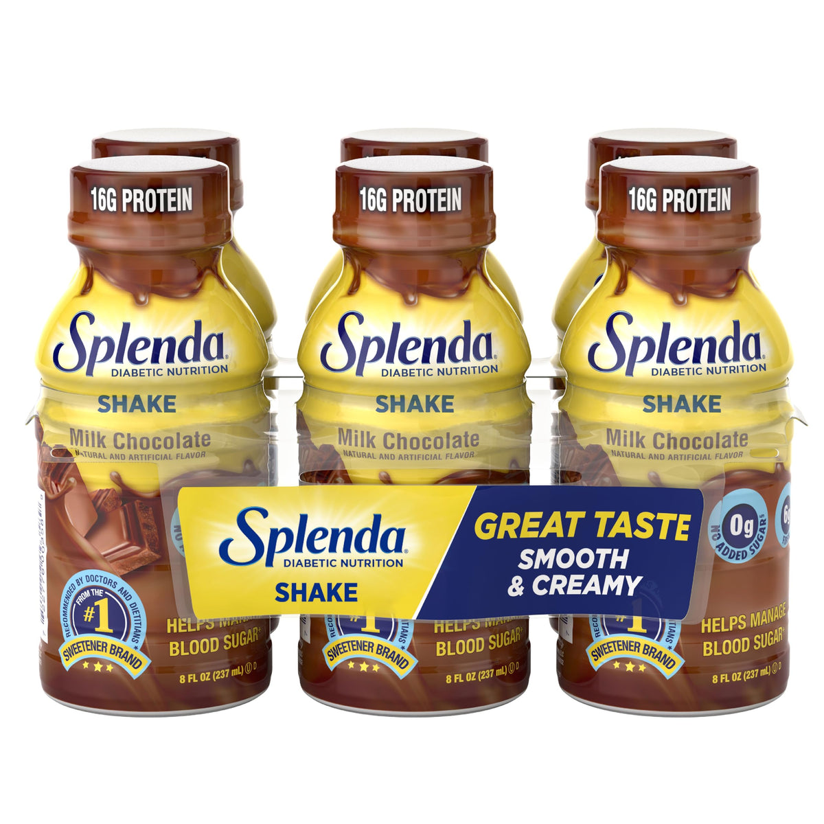 SPLENDA Diabetes Care Shakes Milk Chocolate bottle, protein-rich meal replacement option.