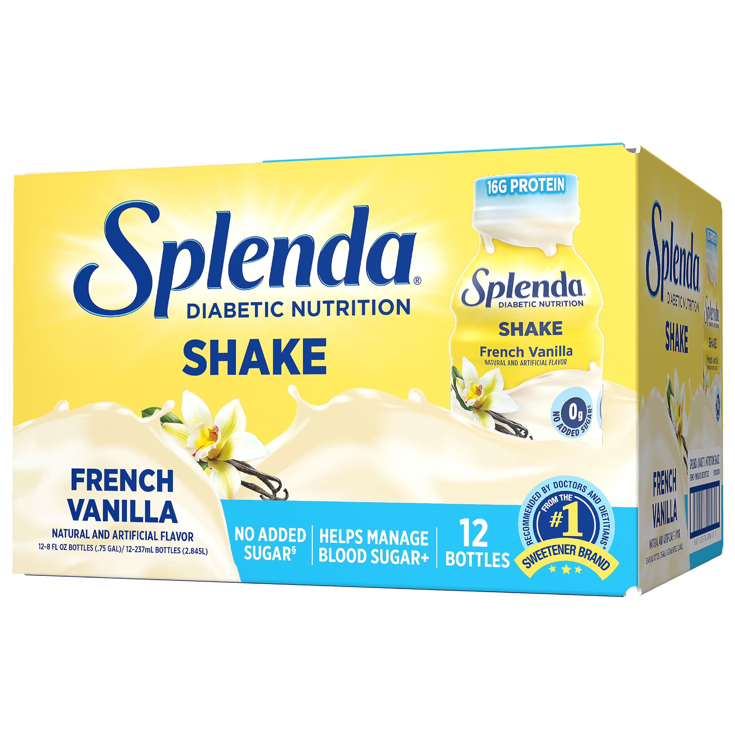 SPLENDA Diabetes Nutrition Shakes French Vanilla bottle with no added sugar and high protein.