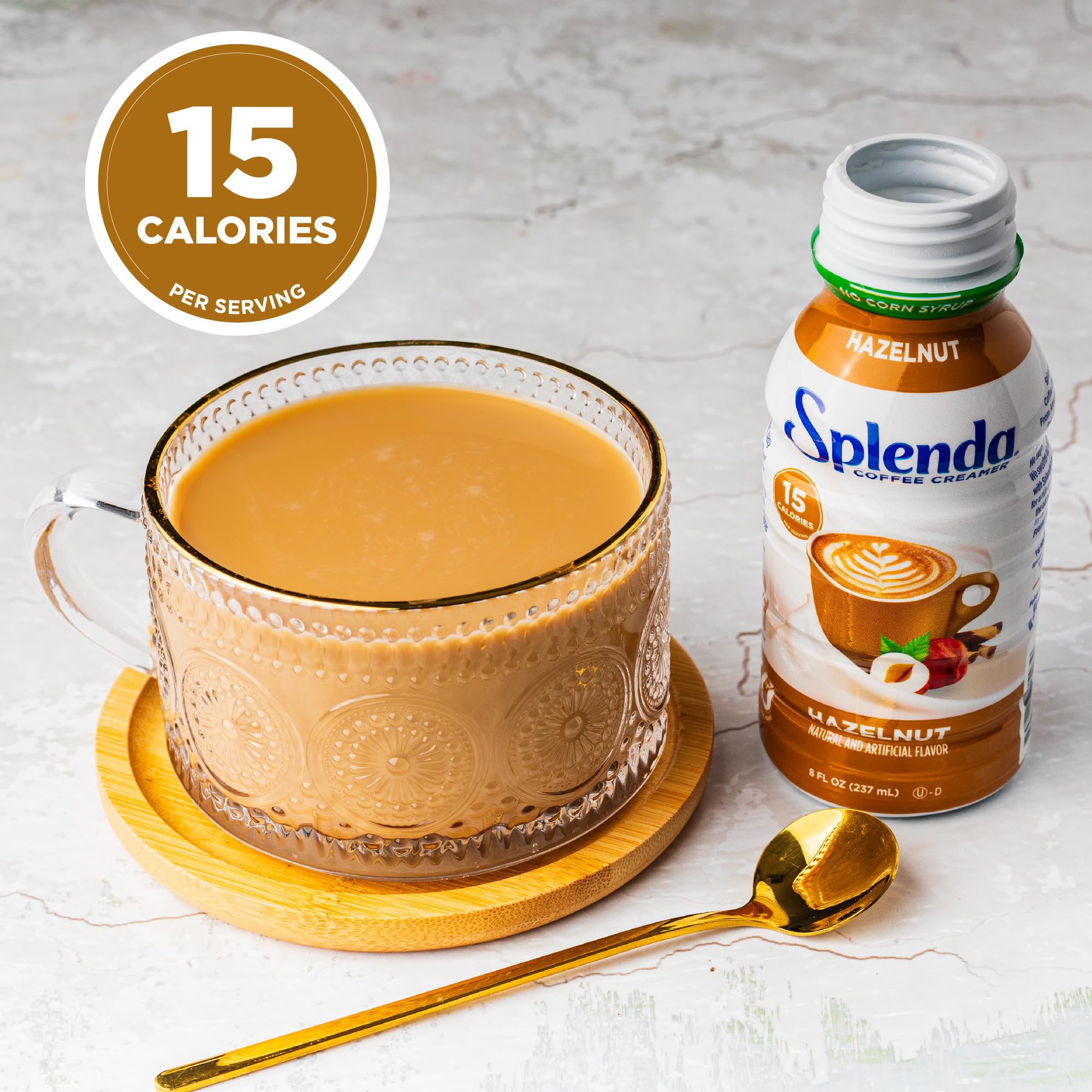 SPLENDA hazelnut creamer on desk promotes flavorful, reduced-calorie coffee