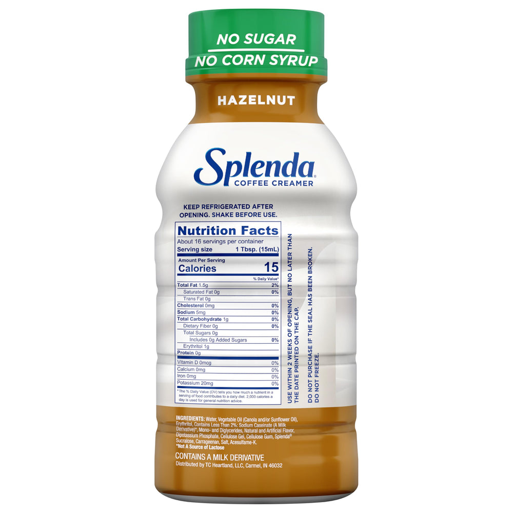 SPLENDA hazelnut coffee creamer label closeup highlights gluten-free and lactose-free features