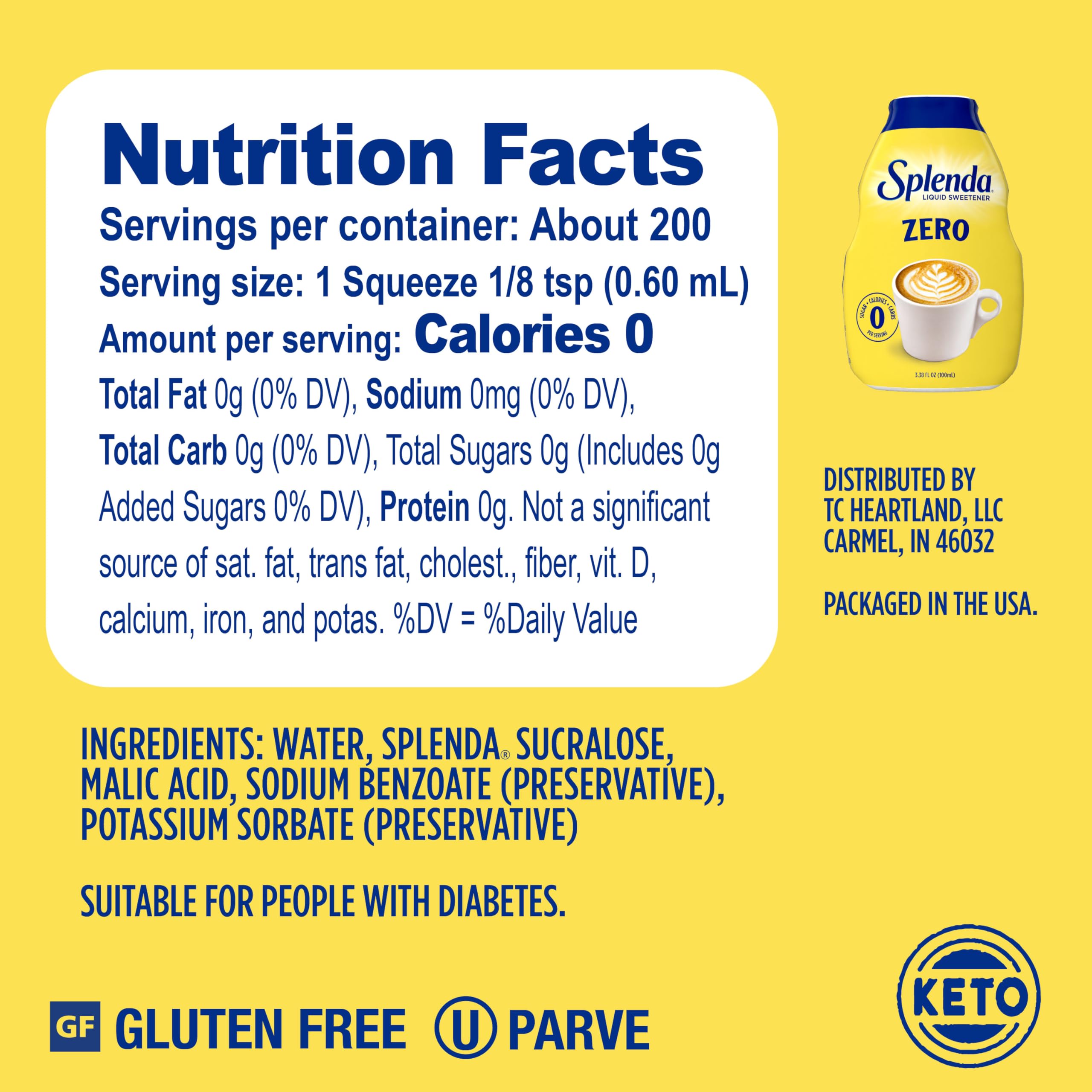 Splenda Liquid Zero Calorie Drops dispensing spout for easy dose control.
