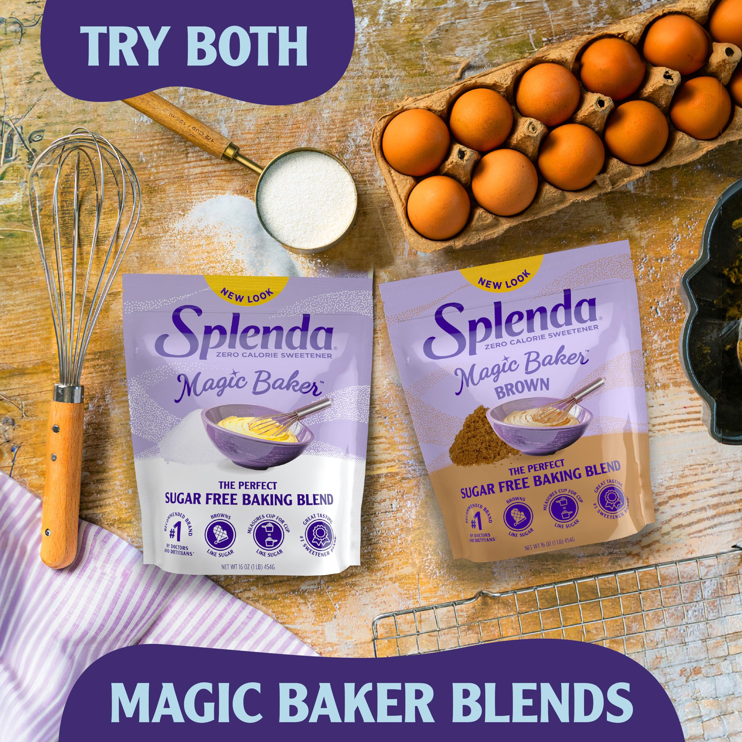 SPLENDA Magic Baker Brown zero-calorie sweetener for sugar-free treats.