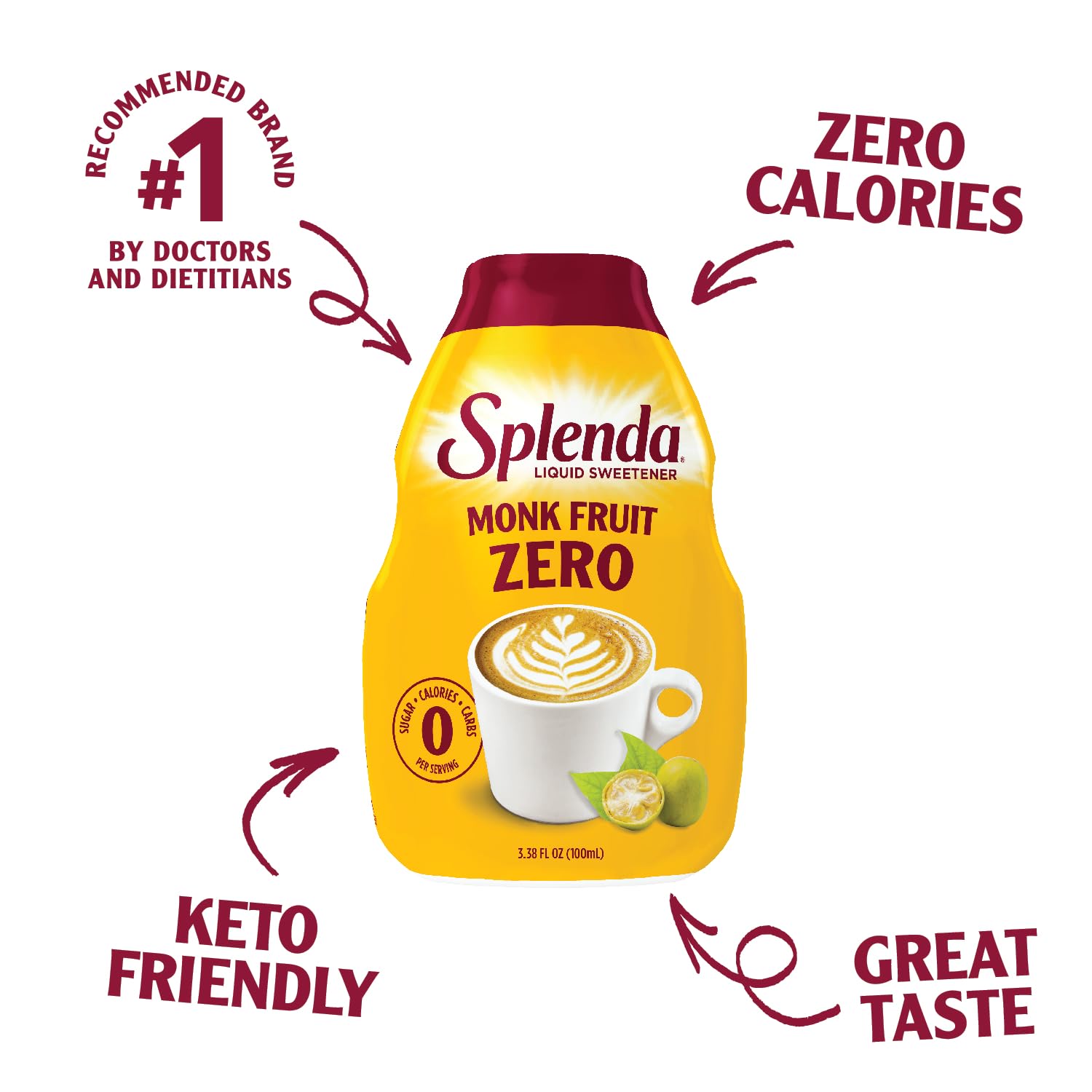 SPLENDA Monk Fruit Liquid Drops being poured for quick beverage sweetness.