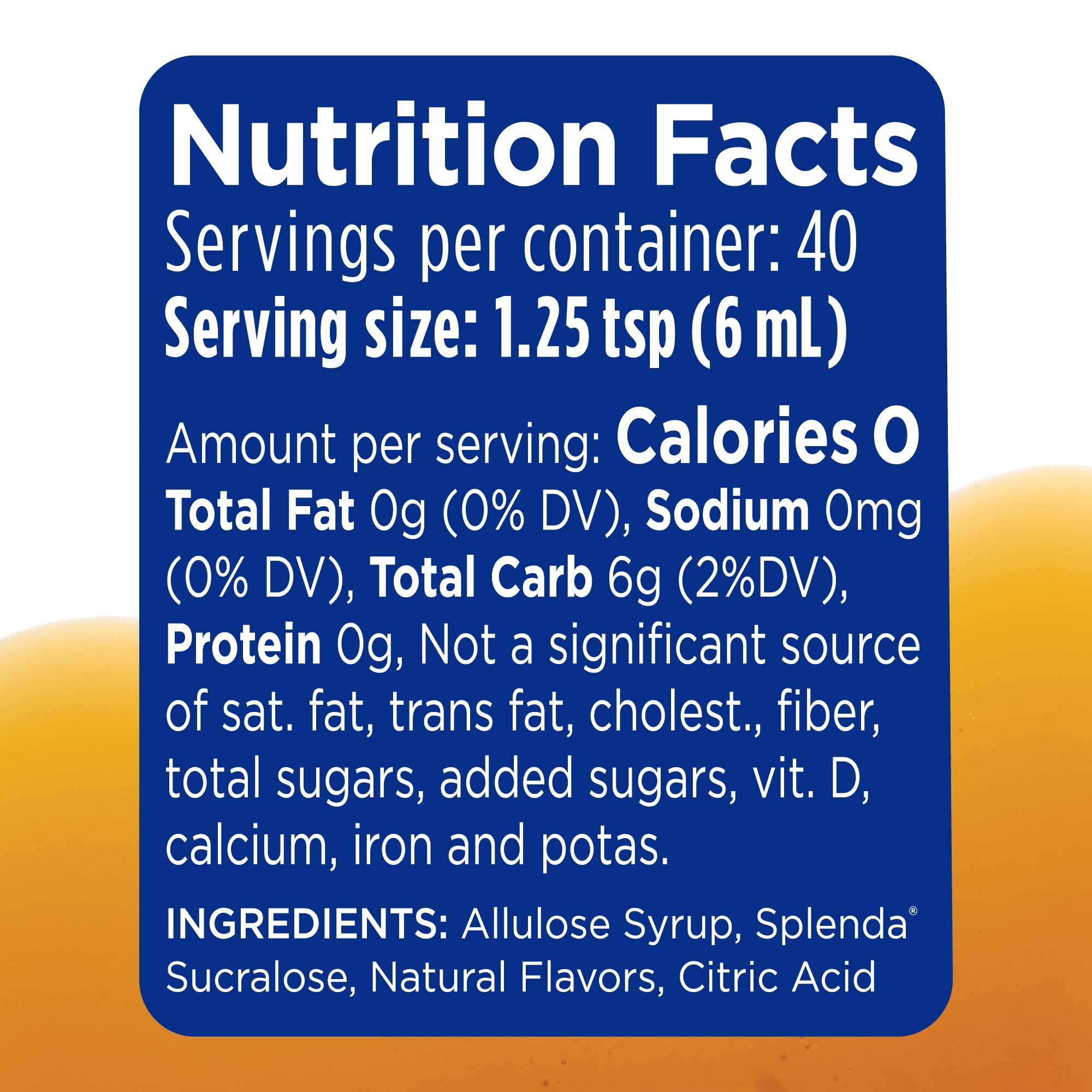 Splenda syrup bottle front shows zero calories, ideal for sugar-free breakfasts.