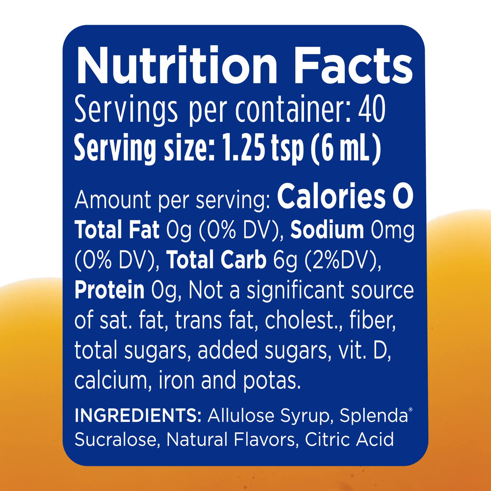 Splenda syrup bottle front shows zero calories, ideal for sugar-free breakfasts.