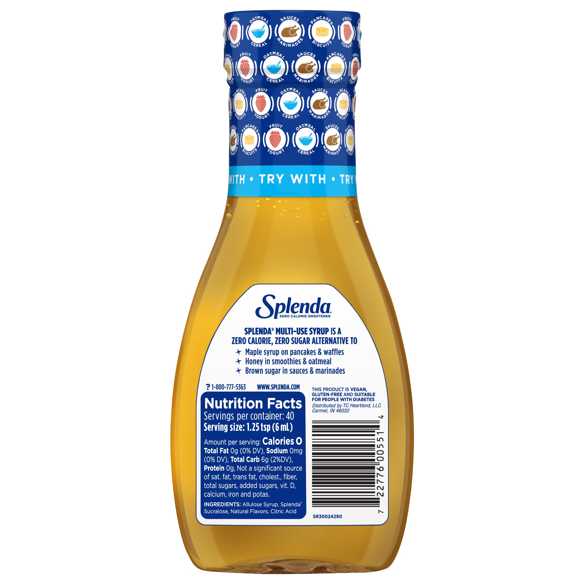 Splenda packaging closeup emphasizes zero-calorie sweetness for everyday meals.