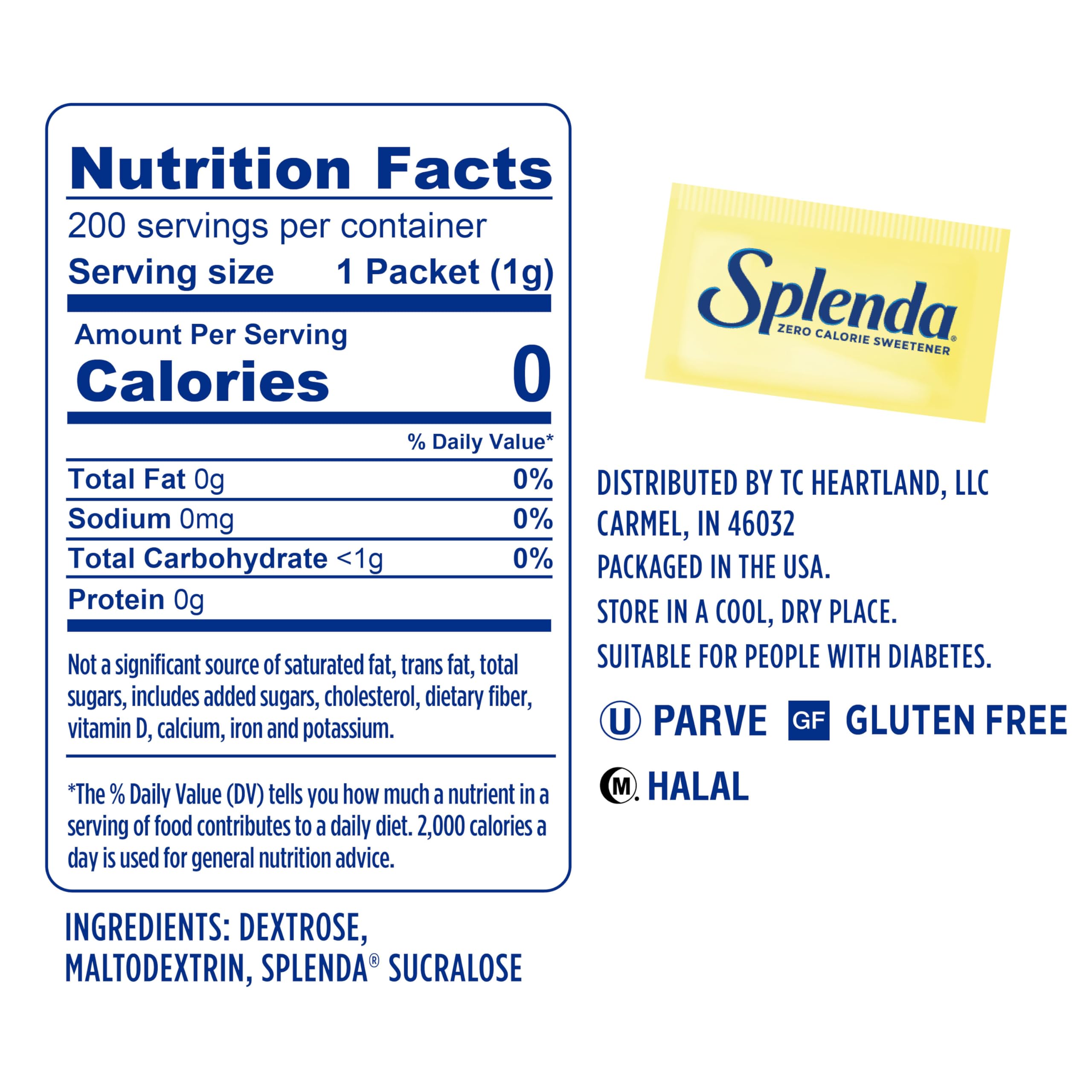 SPLENDA packets beside a coffee cup offering zero-calorie sweetness.