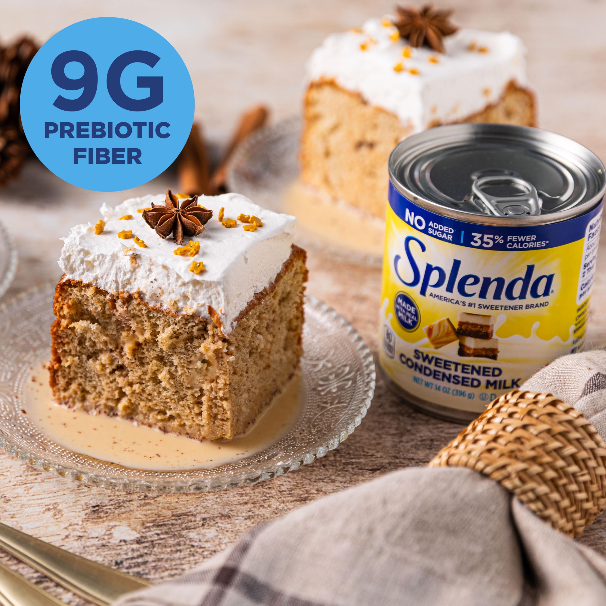 Sweetened condensed milk drizzle on cake highlights SPLENDA flavor without sugar.