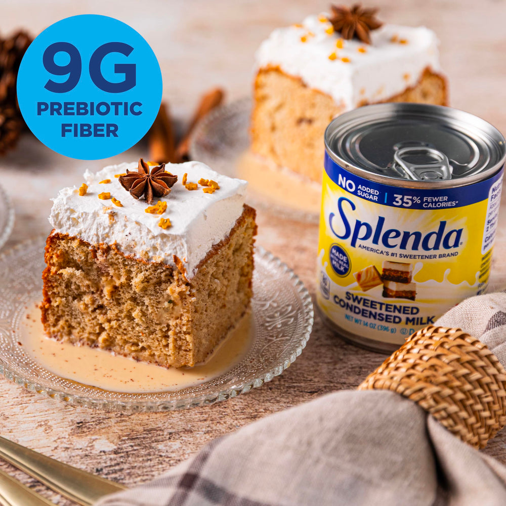 Sweetened condensed milk drizzle on cake highlights SPLENDA flavor without sugar.