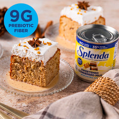 Sweetened condensed milk drizzle on cake highlights SPLENDA flavor without sugar.