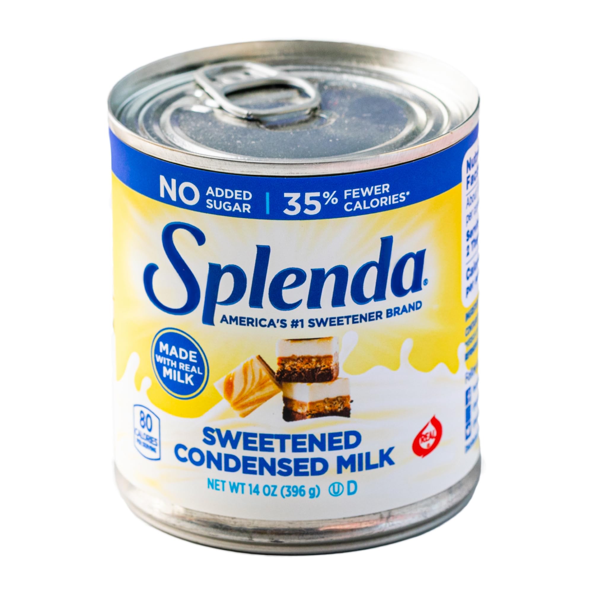 SPLENDA Reduced Calorie Condensed Milk can on a kitchen counter for low-calorie desserts.