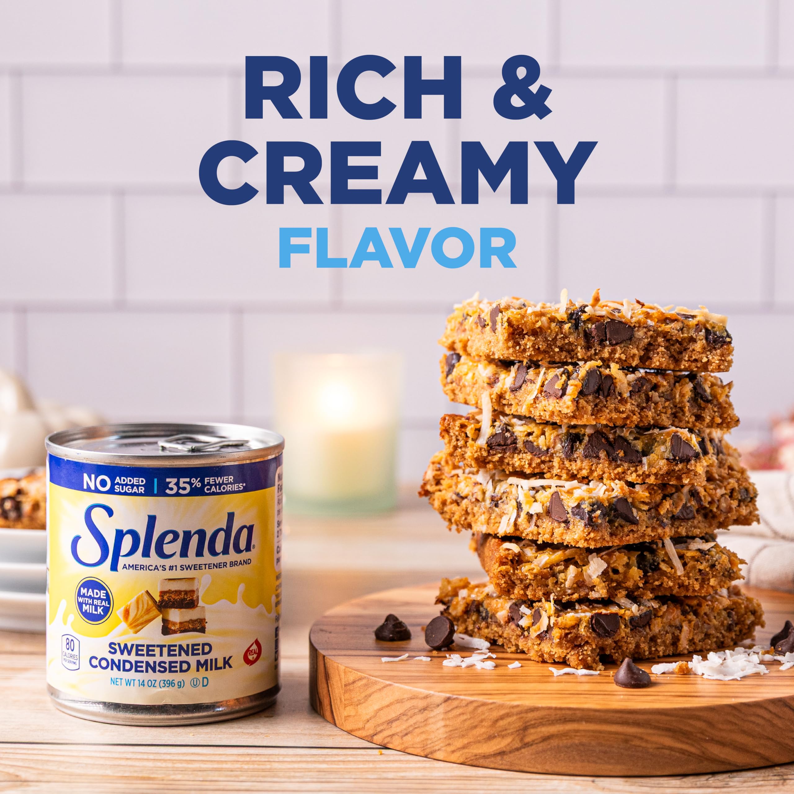 Can-sized SPLENDA container pictured with measuring spoons for easy portioning.