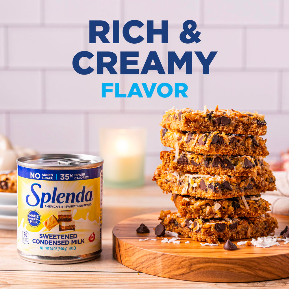 Can-sized SPLENDA container pictured with measuring spoons for easy portioning.