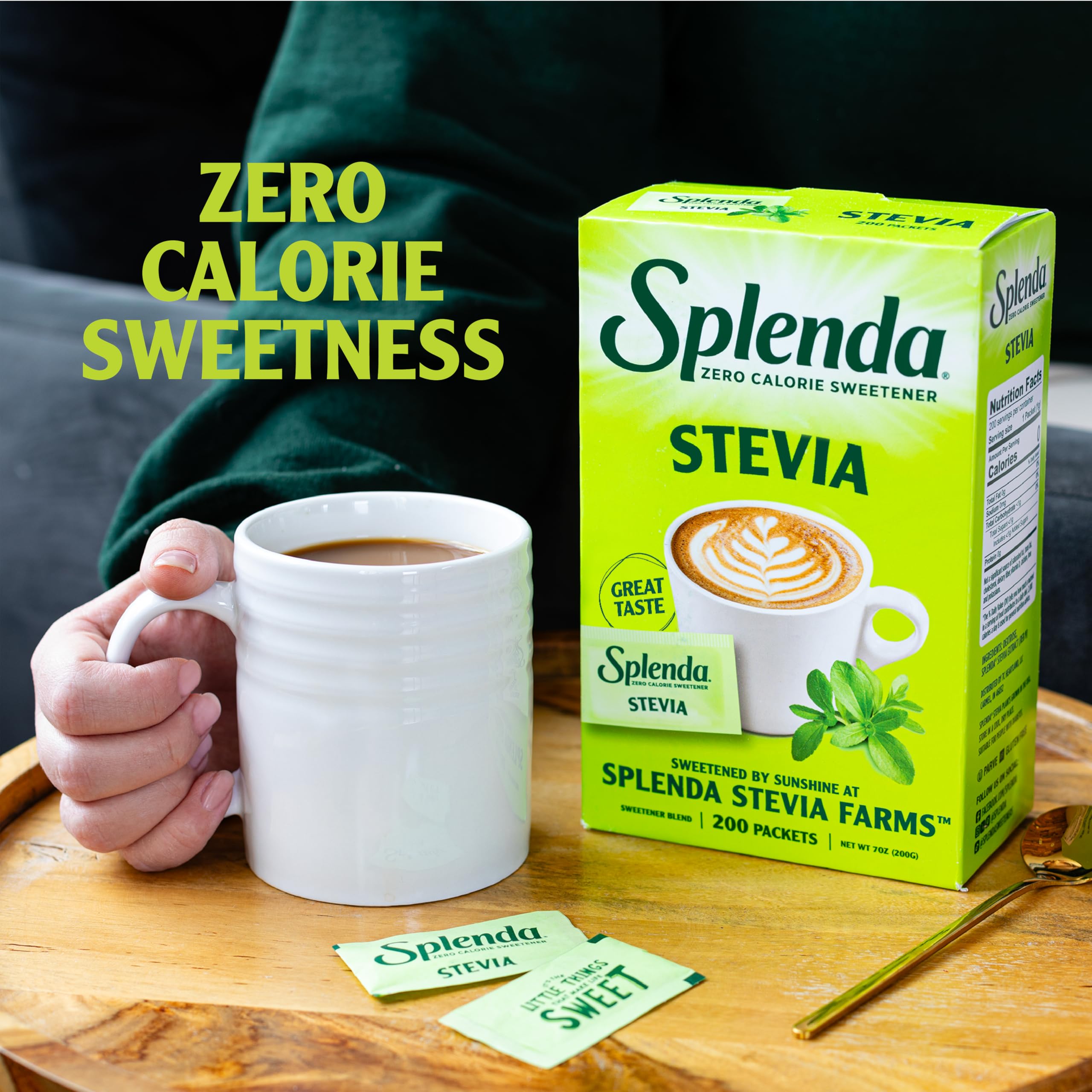 SPLENDA Stevia packets on a breakfast table, convenient sugar substitute.
