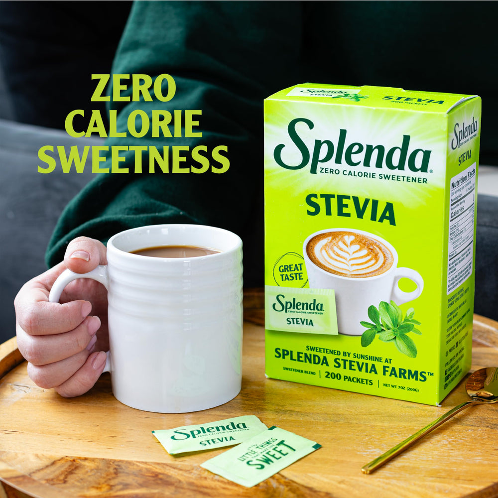 SPLENDA Stevia packets on a breakfast table, convenient sugar substitute.