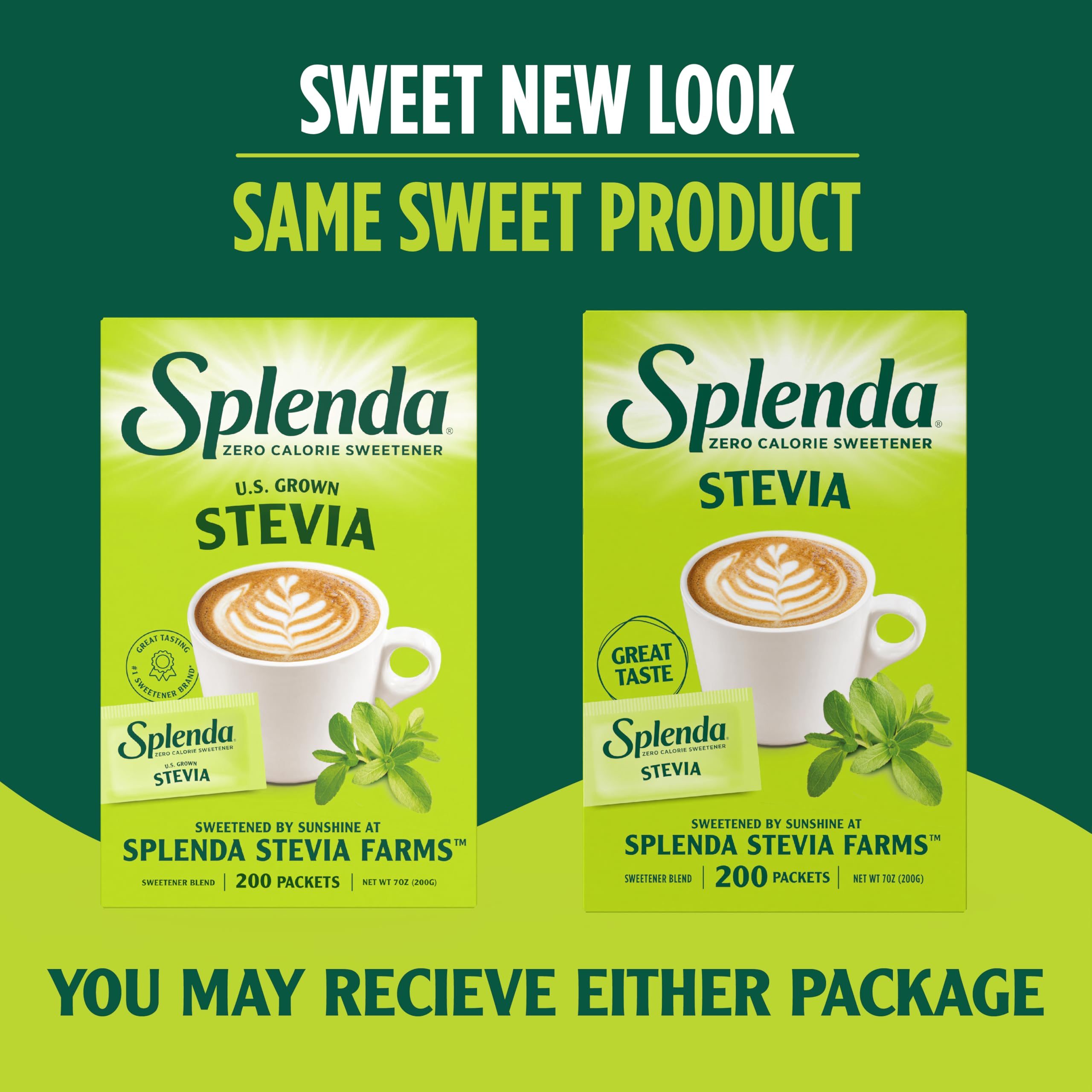 SPLENDA Stevia packets dissolving in a hot beverage, smooth sweetness.