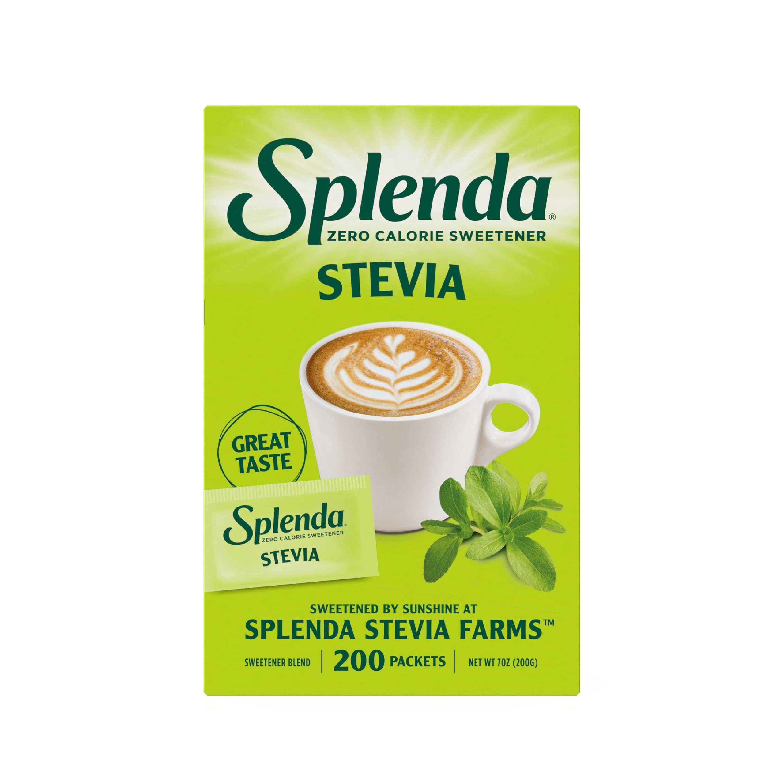 SPLENDA Stevia packets front view, ideal for coffee or tea.