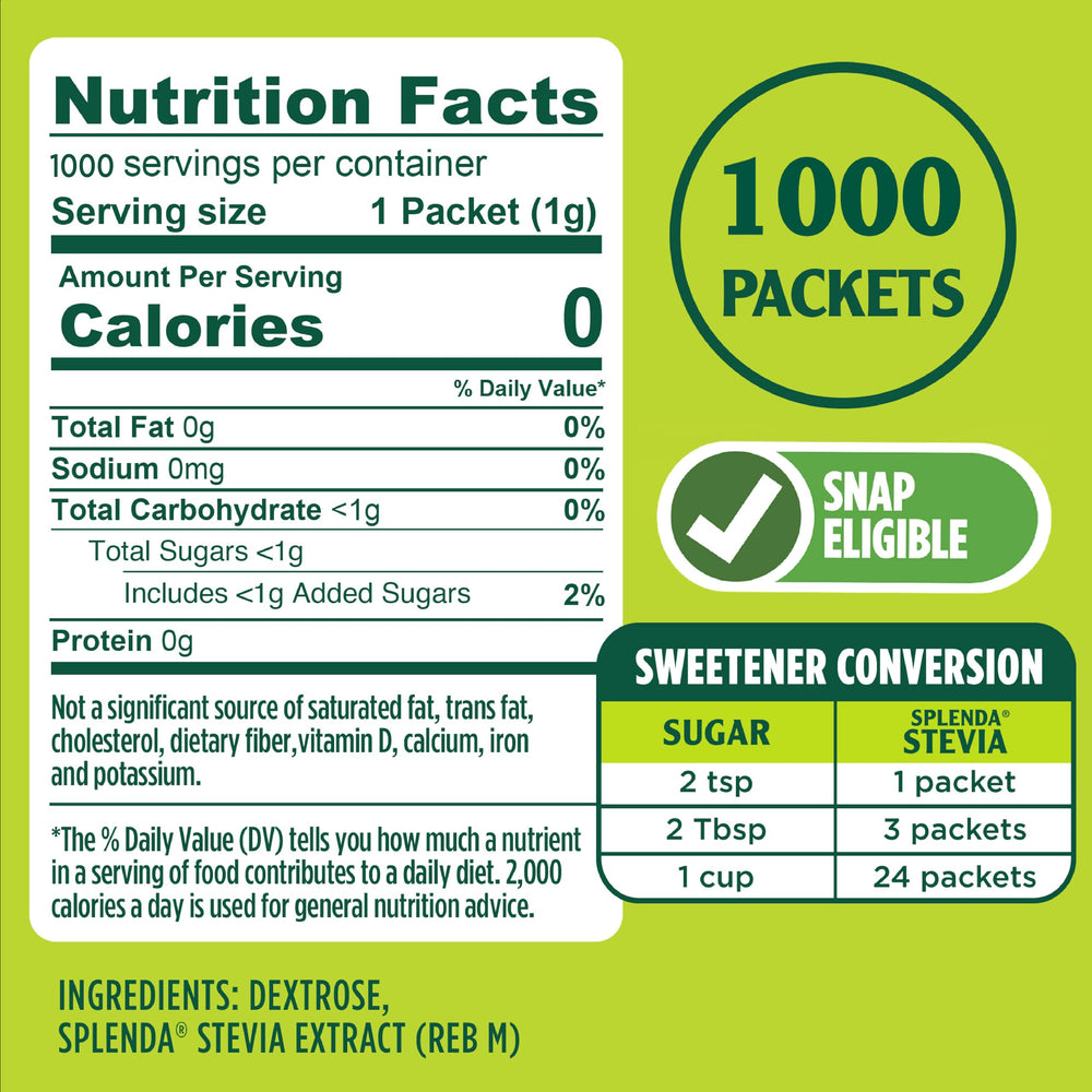 SPLENDA Stevia single-serve packets offer convenient sweetening on the go.