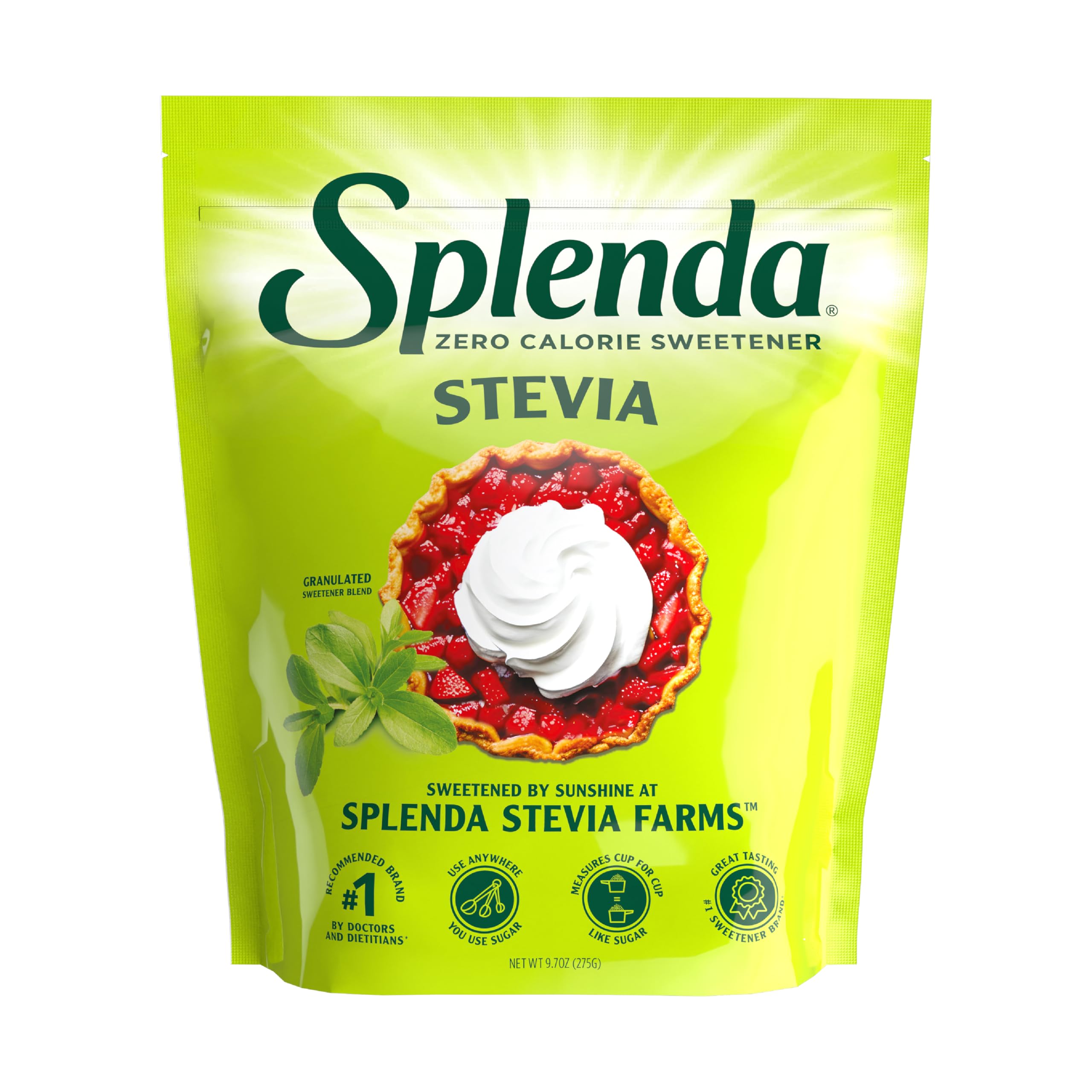 SPLENDA Stevia zero calorie baking pouch front, resealable for quick sugar-free sweetness.