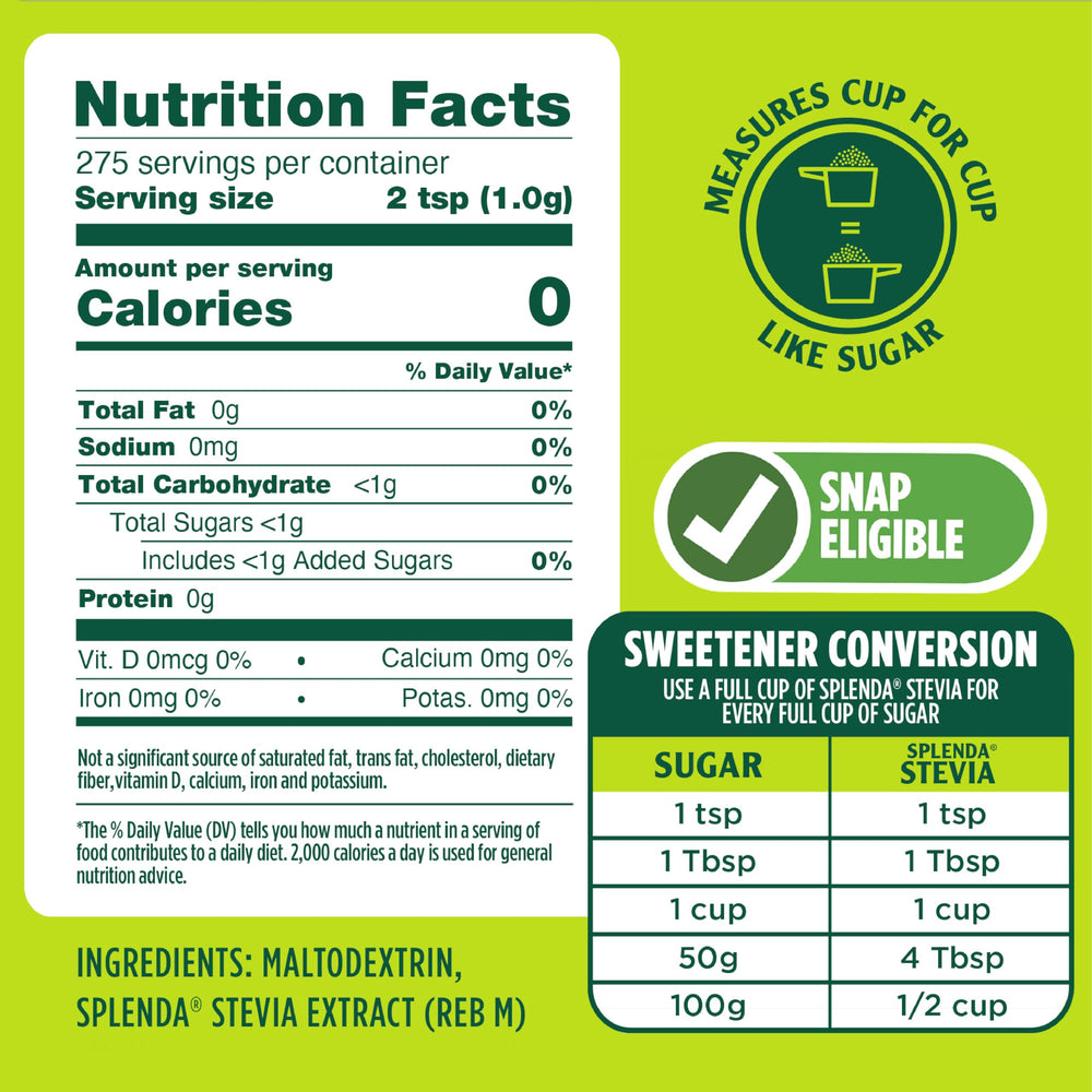 SPLENDA Stevia zero calorie pouch open with powder ready for baking, sauces, and drinks.
