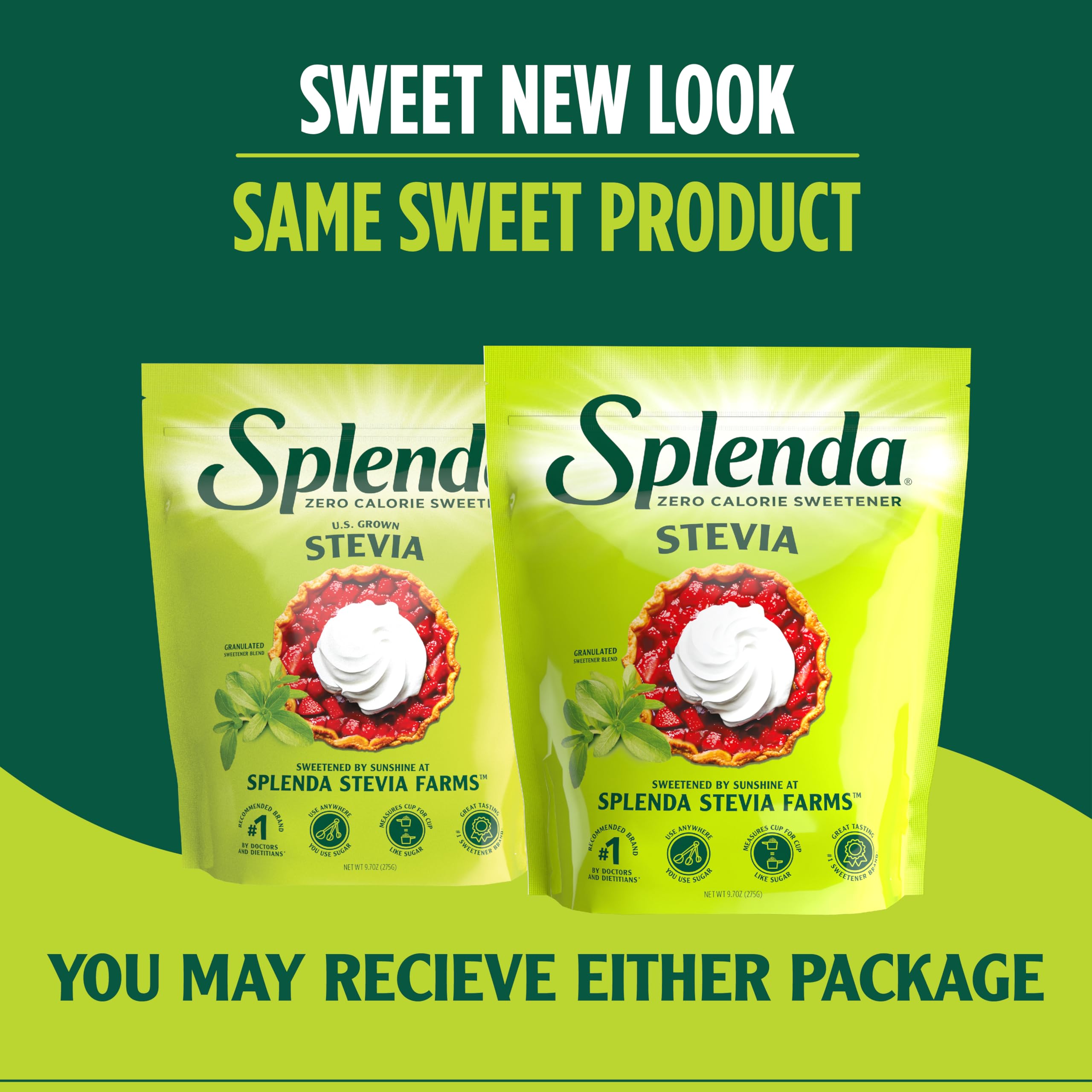SPLENDA Stevia zero calorie with measuring spoon for precise cooking.