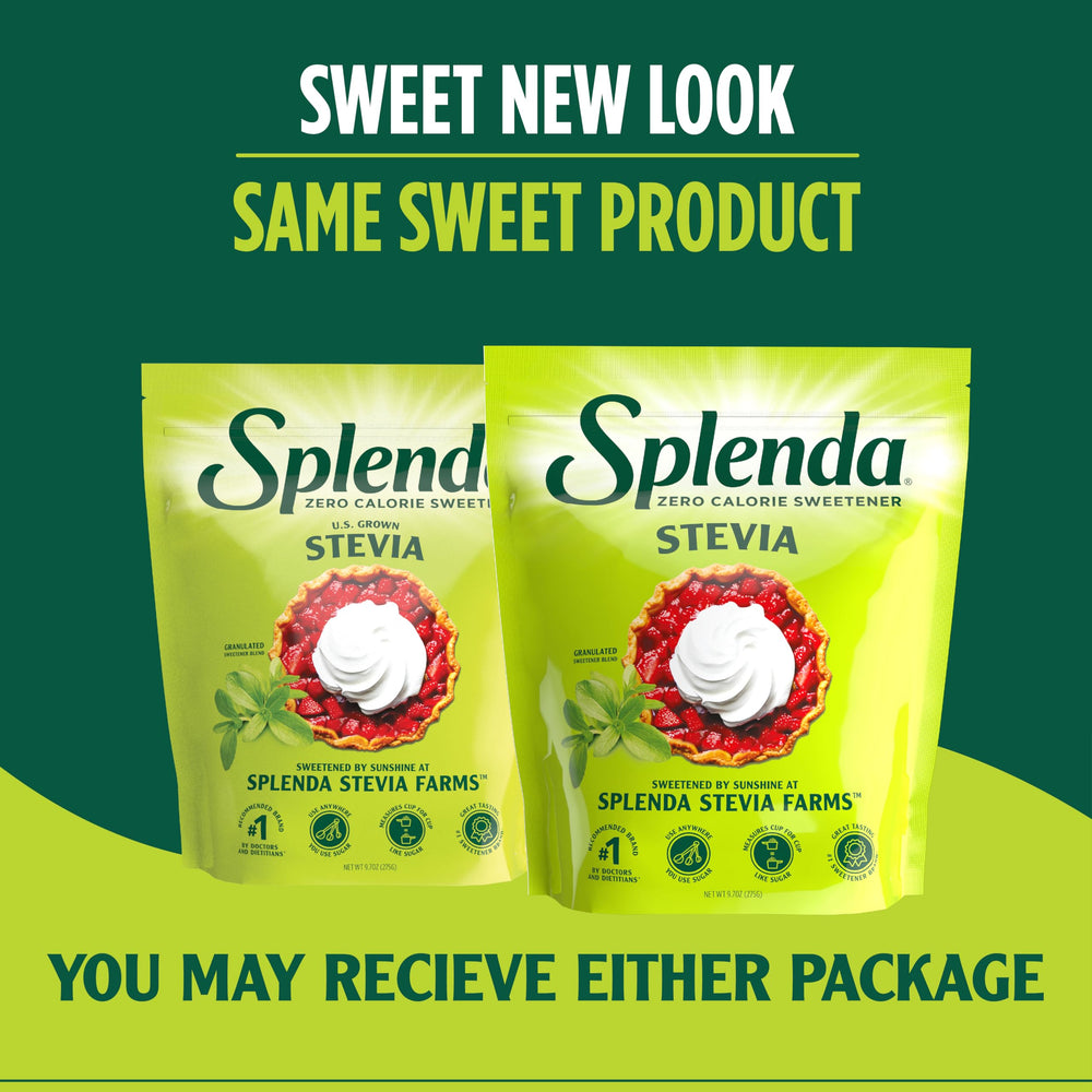 SPLENDA Stevia zero calorie with measuring spoon for precise cooking.