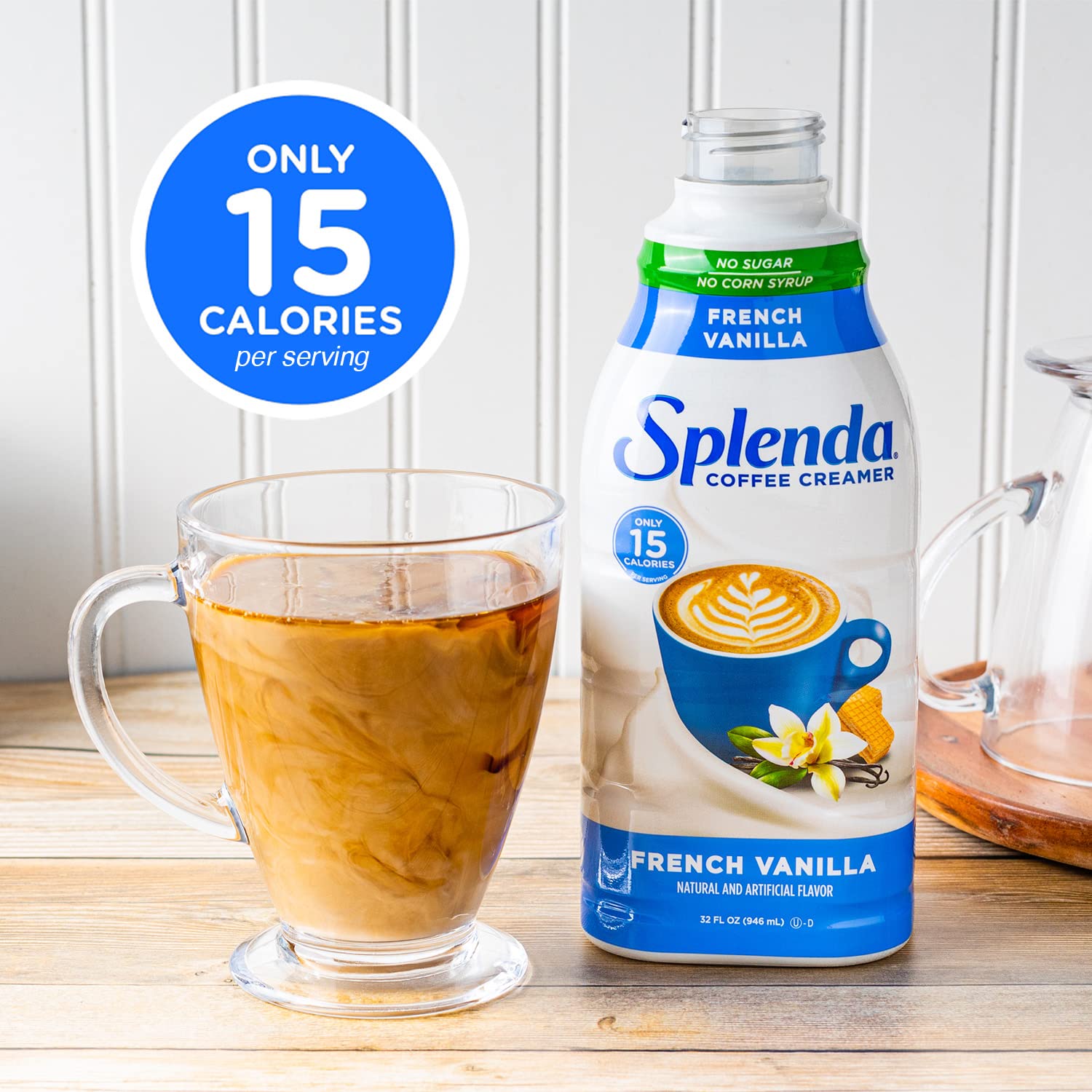 Unopened SPLENDA creamer stored in pantry saves fridge space.
