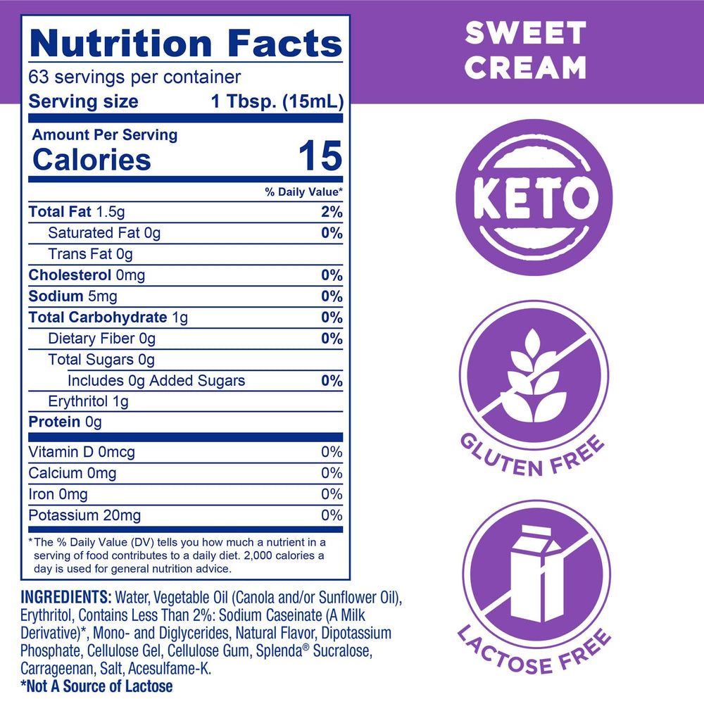 Close-up of SPLENDA Sugar Free Sweet Creamer label showing gluten-free and lactose-free formula.