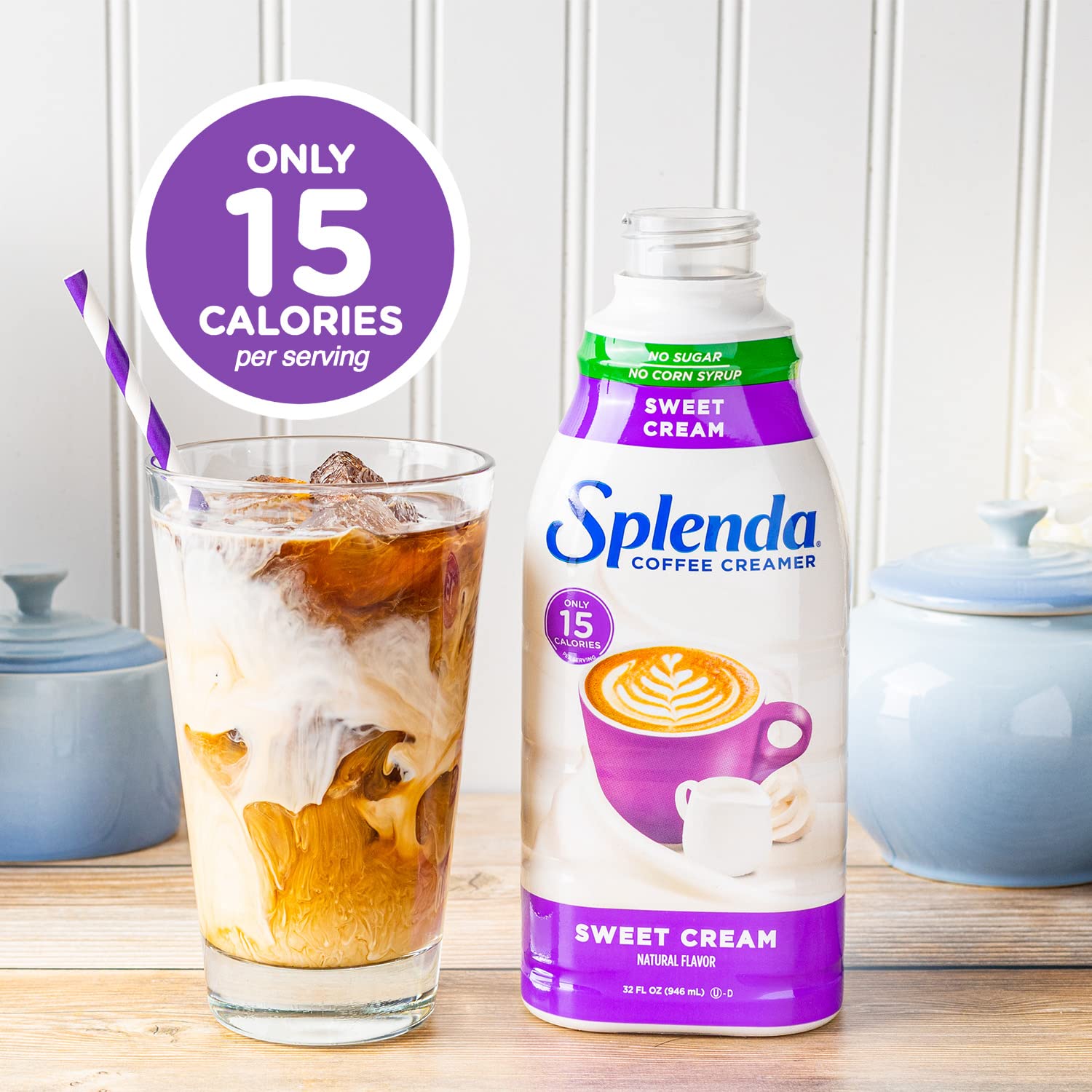 Unopened SPLENDA Sugar Free Sweet Creamer bottles on a pantry shelf.