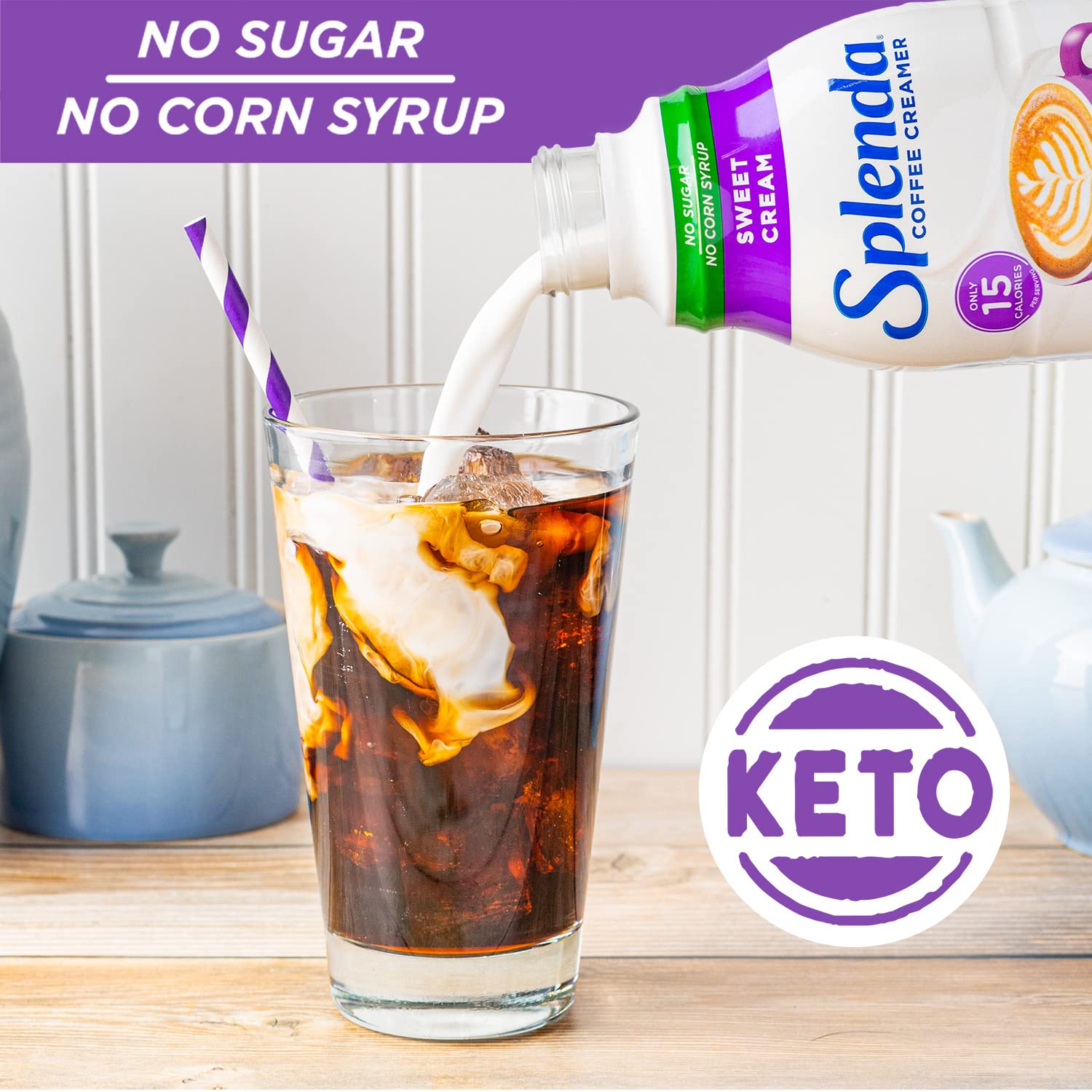 SPLENDA Sugar Free Sweet Creamer packaging beside a mug for quick mornings.